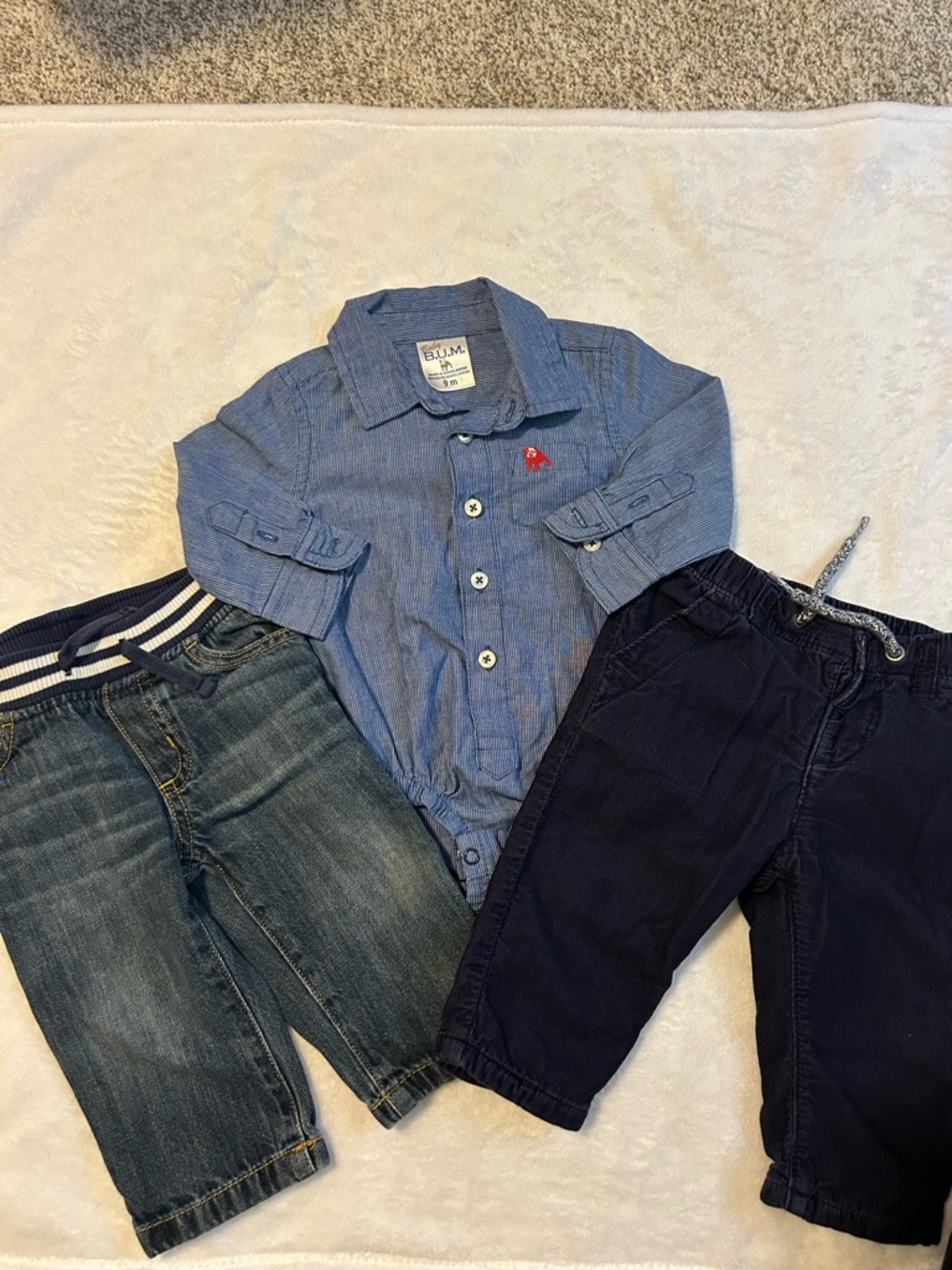 B.U.M. Equipment Blue Baby Button-Up Bodysuit with Navy Pants Set Gap 6-12